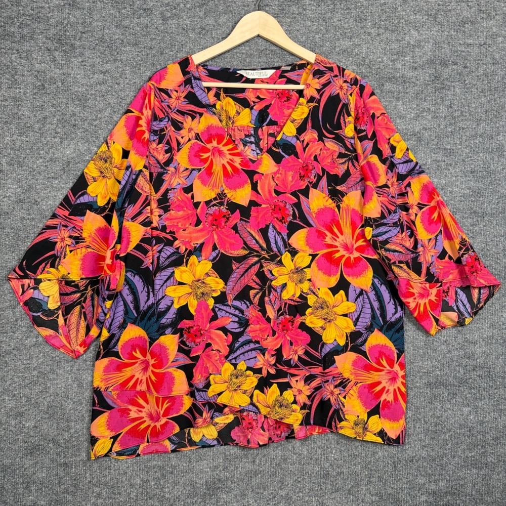 Beautiful by Lawrence Zarian Size 2X‎ Top Blouse Floral Elbow Colorful Bright